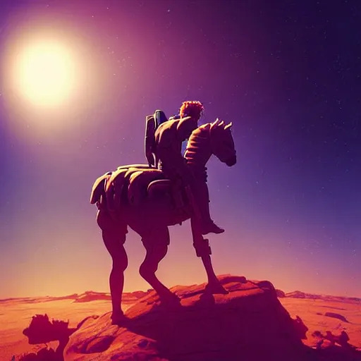 Image similar to digital art of centaur riding on top of an human astronaut back. from western by hiroyuki okiura and katsuhiro otomo and alejandro hodorovski style with many details by mike winkelmann and vincent di fate in sci - fi style. volumetric natural light photo on dsmc 3 system,