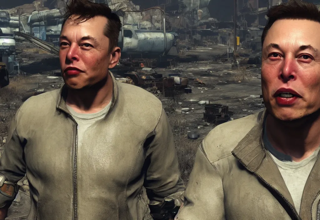 Image similar to elon musk in the video game in fallout 4, apocalyptic wastland, close up, 3 d rendering. unreal engine. amazing likeness. very detailed.