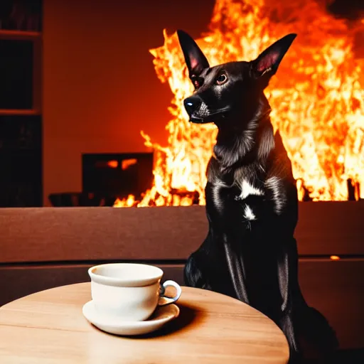 Image similar to a photograph of an humanlike relaxed dog in his house, sitting at a table, ☕ on the table, surrounded by flames, room is on fire, smoke under the ceiling