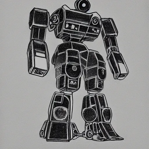 Image similar to an intricate pencil drawing of a giant anime robot with rounded and circular parts