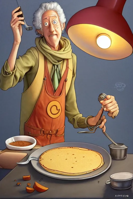 Prompt: arlo guthrie making pancakes, animation pixar style, by pendleton ward, magali villeneuve, artgerm, rob rey and kentaro miura style, golden ratio, trending on art station