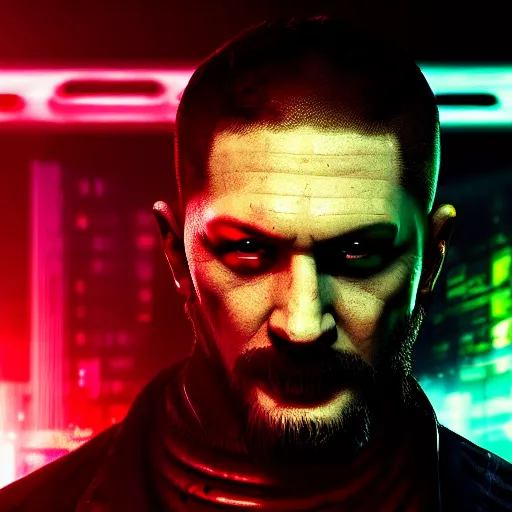 Image similar to tom hardy portrait, cyberpunk 2 0 7 7, cyberpunk, photorealistic, ultra detailed, neon, octane, bokeh, cinematic lighting, cyber, cyberpunk city, studio quality, feature, scars, cyberface, 8 k