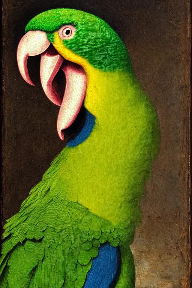 Prompt: a renaissance portrait of donald duck as a green parrot, beautiful intricate painting