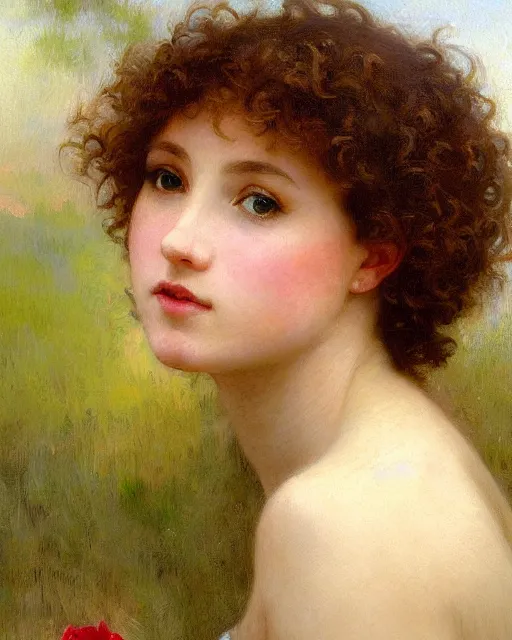 Image similar to beautiful glorious realistic oil painting of a girl, short hair, curly hair, bokeh, in the style of bouguereau, well framed, sunset, highly detailed and photorealistic, 8 k high detail and intricate