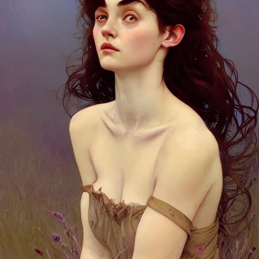 Image similar to portrait of a welsh girl with brown hair, glowing skin, delicate features, amelie poulain, fantasy, intricate, elegant, highly detailed, digital painting, artstation, concept art, smooth, sharp focus, illustration, art by Krenz Cushart and Artem Demura and alphonse mucha