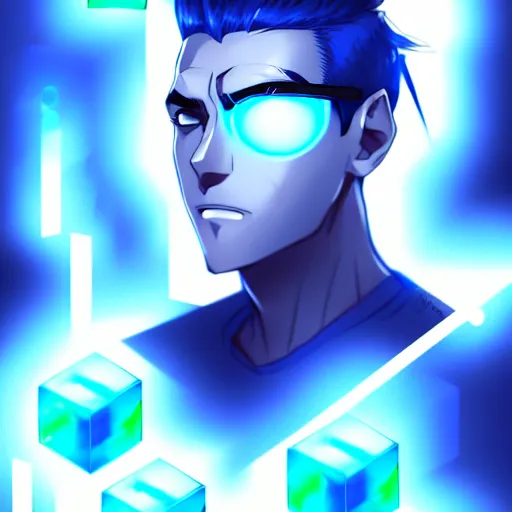 Image similar to a highly detailed portrait of a man with navy blue hair and blue glowing eyes, summoning blue transparent cubes, high detail clothing, concept art, anime, artstation, professional drawing