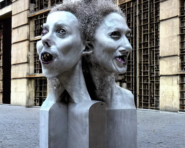 Prompt: by francis bacon, louise bourgeois, bruno catalano, mystical photography evocative. an intricate fractal concrete and chrome brutalist carved sculpture of the secret faces of god, standing in a city center.