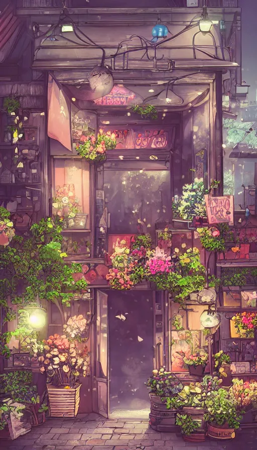 Image similar to a little flower shop's front gate, nostalgic, fresh digital illustrati on, dramatic lighting, pixiv, detailed textures