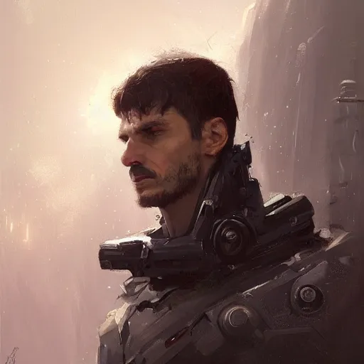 Image similar to portrait of a man by greg rutkowski, he is about 3 0 years old, short black hair with bangs, expression of fear and bewilderment, very tall and slender, he is wearing futuristic space gear, highly detailed portrait, digital painting, artstation, concept art, smooth, sharp foccus ilustration, artstation hq