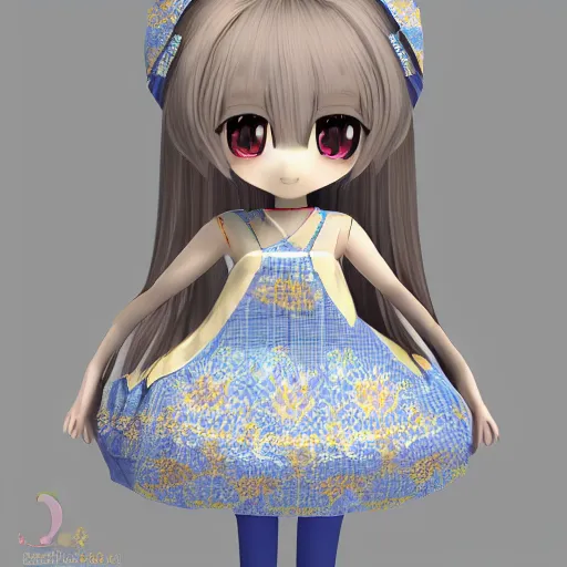 Prompt: cute fumo plush of a girl in a blue and gold patterned dress, high quality material bssrdf, vray, anime girl