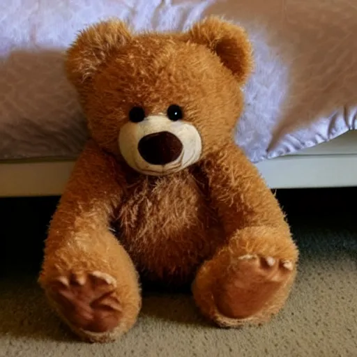 Image similar to forgotten teddy bear under the bed watching his human friend growing up