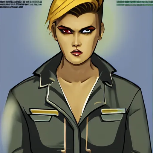 Image similar to heroic stoic emotionless butch blond handsome woman engineer with very short slicked - back butch hair, narrow eyes, wearing atompunk jumpsuit, science fiction, mike mignogna, digital art