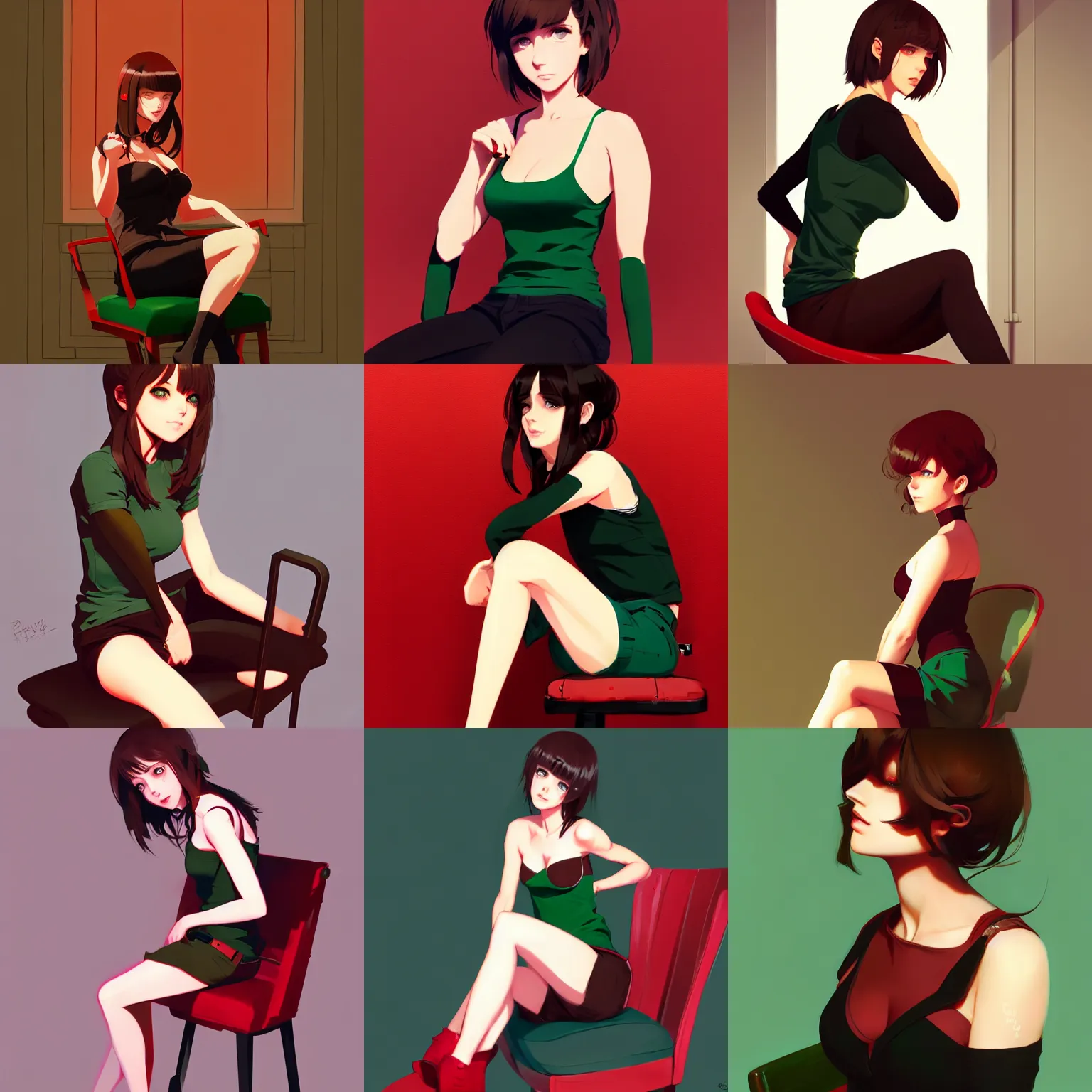 Prompt: gorgeous woman with brown hair and green eyes, wearing a camisole, sitting on a chair, red and black color palette, in the style of and ilya kuvshinov and greg rutkowski, high quality anime artstyle, intricate