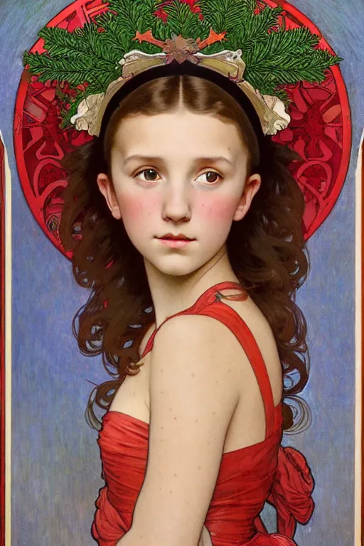 Prompt: realistic art nouveau style detailed portrait of 1 4 - year - old millie bobby brown wearing a holly wreath as a crown at christmas by alphonse mucha, william adolphe bouguereau, and donato giancola art nouveau style, red and green christmas colors