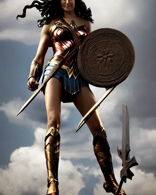 Image similar to a huge bronze statue of gal gadot ’ s wonder woman holding her spear and shield, fantasy landscape, photorealistic, atmospheric