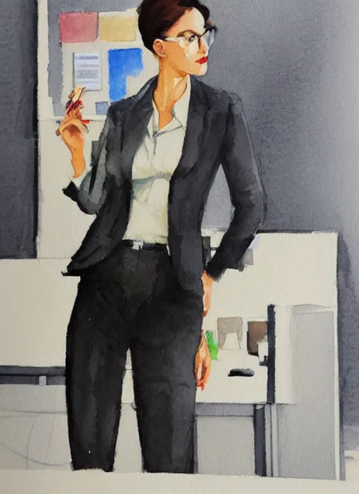 Image similar to concept art of a modern office life, business woman, pinterest, artstation trending, behance, watercolor, by coby whitmore, silver, laser light,