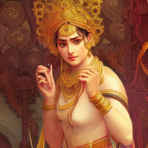 Image similar to ultra realistic illustration, ramamayana ram, intricate, elegant, highly detailed, digital painting, artstation, concept art, smooth, sharp focus, illustration, art by artgerm and greg rutkowski and alphonse mucha