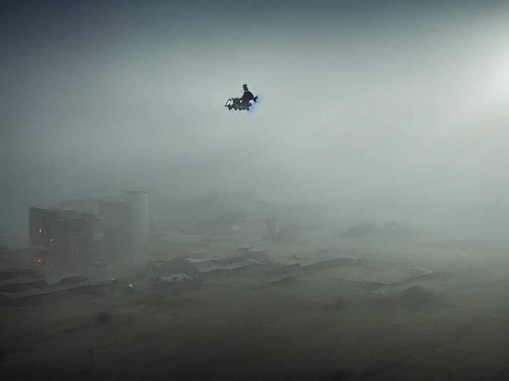 Image similar to farmer riding his flying machine to harvest crops at a vertical farm in blade runner 2 0 7 2, cinestill, denis villeneuve, atmospheric, morning light, foggy, distant, futuristic, muddy and dirty, ultra - hd, ultra - realistic