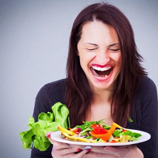 Prompt: Stock photo of woman eating salad and laughing