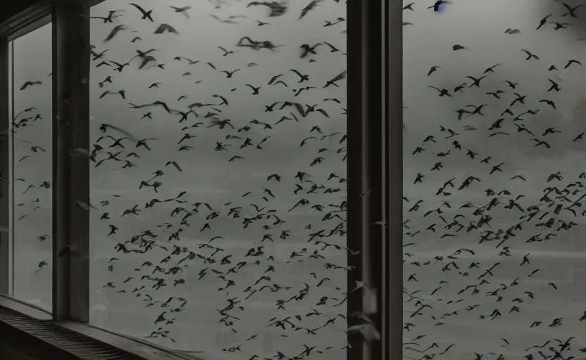 Prompt: cinematic shot of a flock of birds outside the window of the byron travel plaza, moody scene from being john malcovich directed by charlie kaufman ( 2 0 0 1 ), foggy volumetric light morning, anamorphic lenses, kodak color film stock