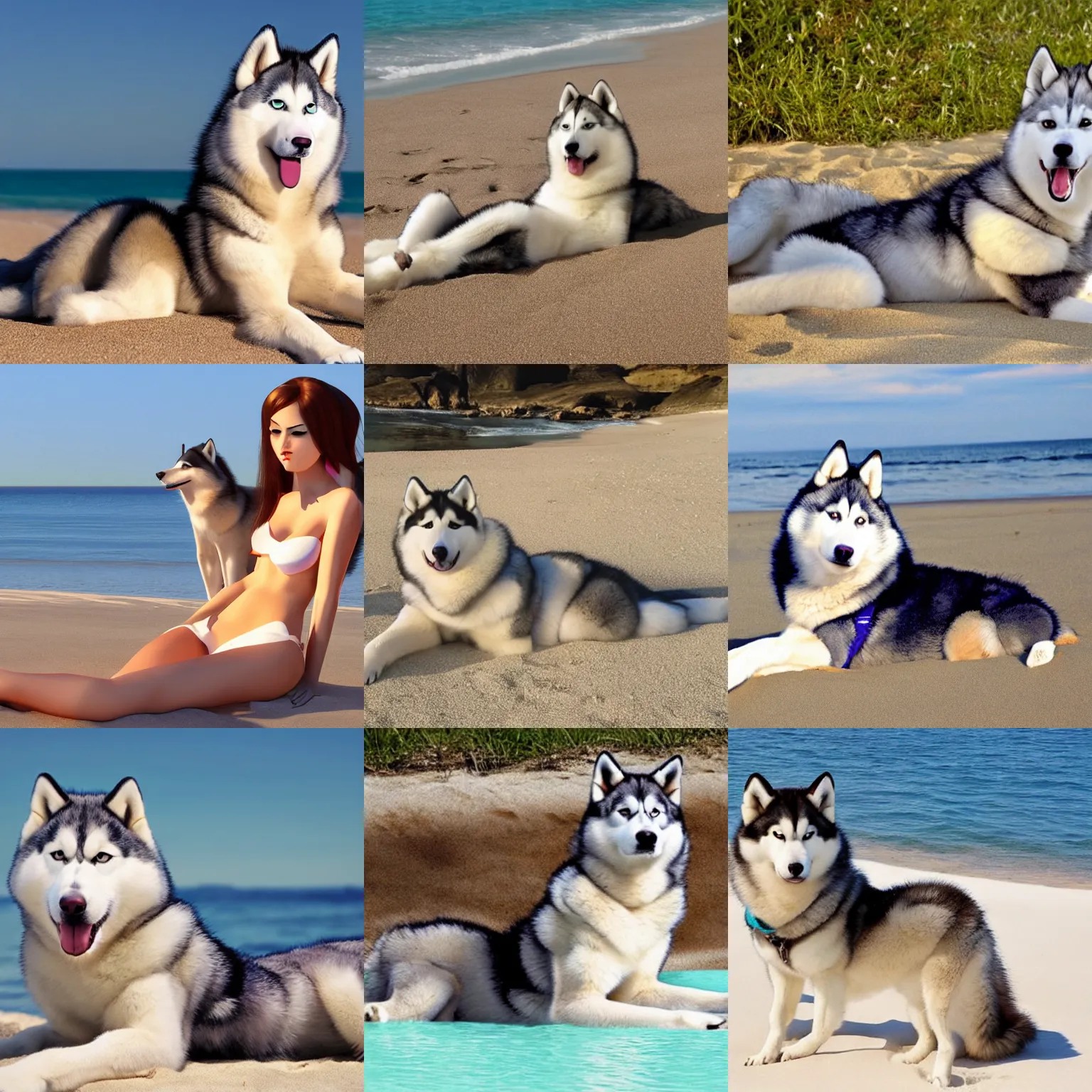 Prompt: beautiful gorgeous anthropomorphic husky fursona wearing a bikini sunbathing on a beach, anthro furry huskygirl