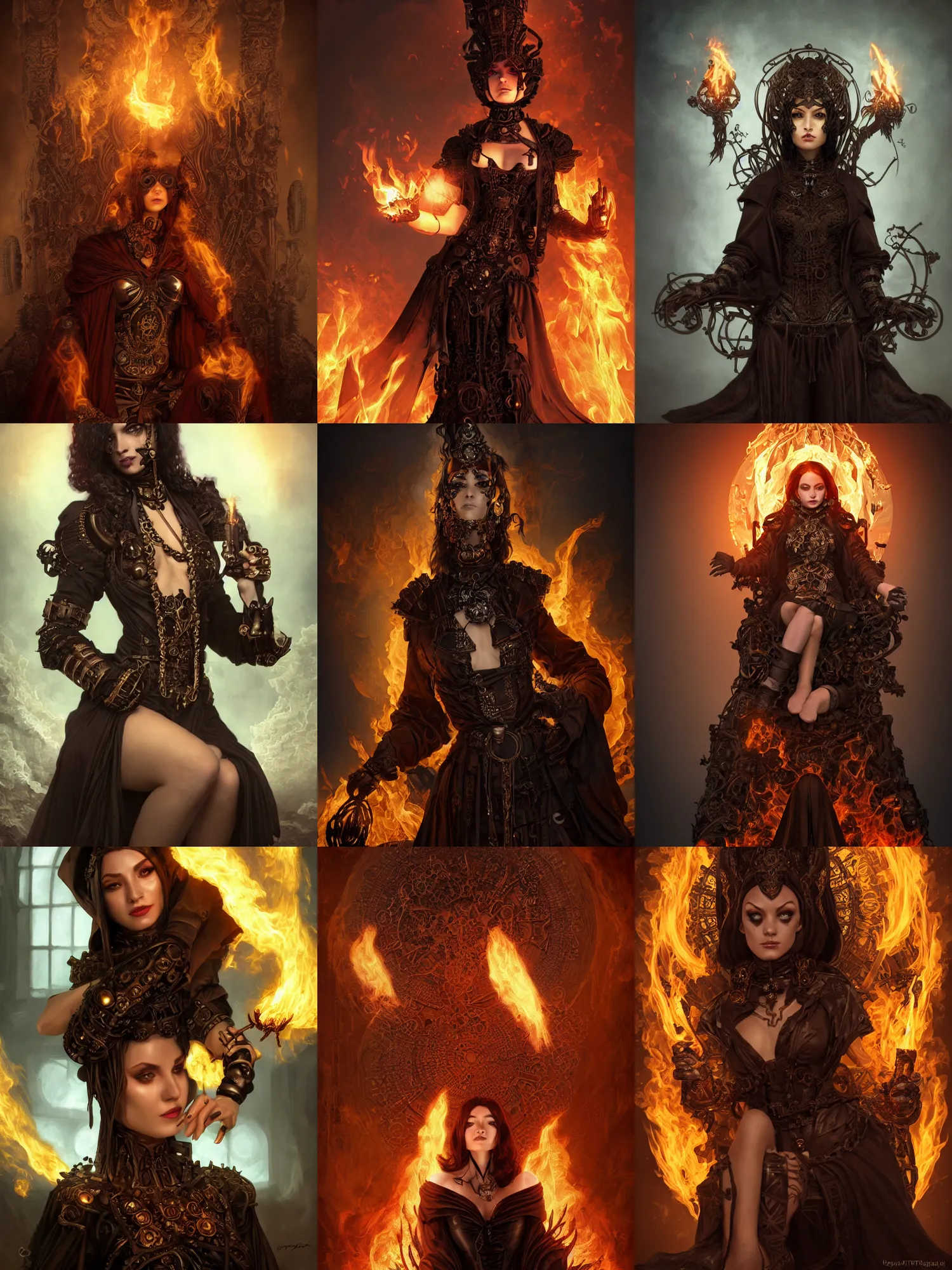 Image similar to dark evil steampunk pyromancer woman, detailed facial features, ornamental halo, black shirt, brown body, coat, intricate robes, sitting on obsidian throne, fractal fire background, sharp focus, highly detailed, cinematic lighting, studio quality, colorful, smooth render, unreal engine 5 rendered, octane, rendered, by artgerm, greg rutkowski, alphonse mucha