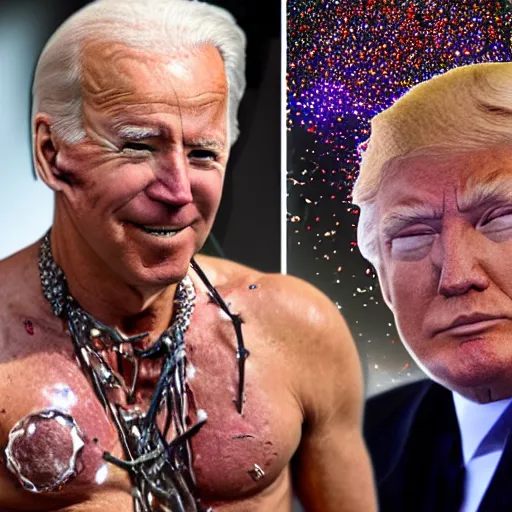 Prompt: a highly very very detailed photo of Joe Biden with attending Burning Man on the Playa with an Anarcho-primitivist Donald Trump survivalist covered in body glitter, very very detailed, photorealism, Photoshop, very coherent, HD