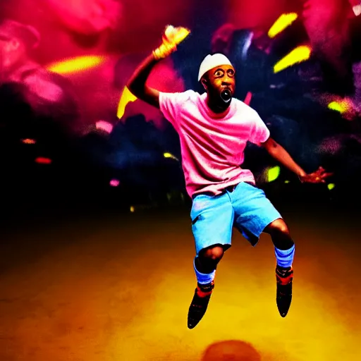 Image similar to cinematic shot epic portrait tyler the creator kicking his fans on stage, hyper realistic, mood lighting, fantasy, detailed face, highly detailed, super realistic, perfect lighting pixel sorting