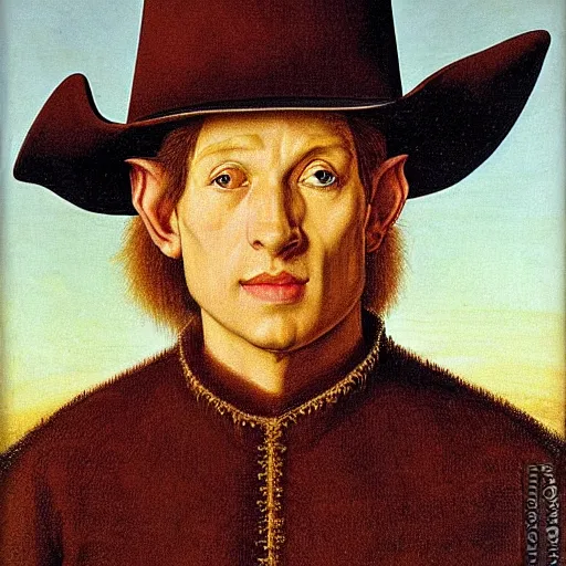 Prompt: 3/4 bust portrait of a shifty high fantasy elf sheriff wearing a cowboy hat and star badge by Jan van Eyck