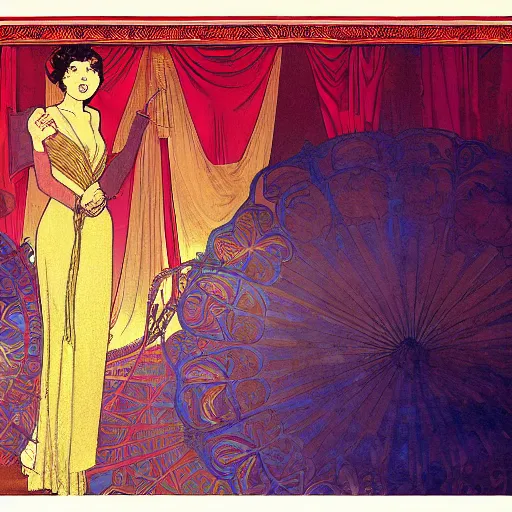 Image similar to background art of flowing theatre red curtains, centered radial design, gold art nouveau graphic elements, painting by mucha, beautiful lighting, anime, studio ghibli, norman rockwell, trending on artstation