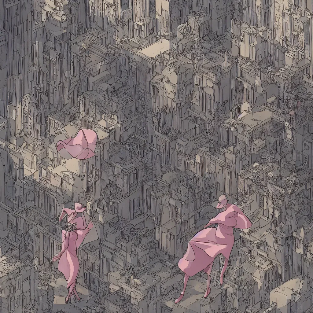 Image similar to an elegant full-length moebius-style woman walks through a surreal city