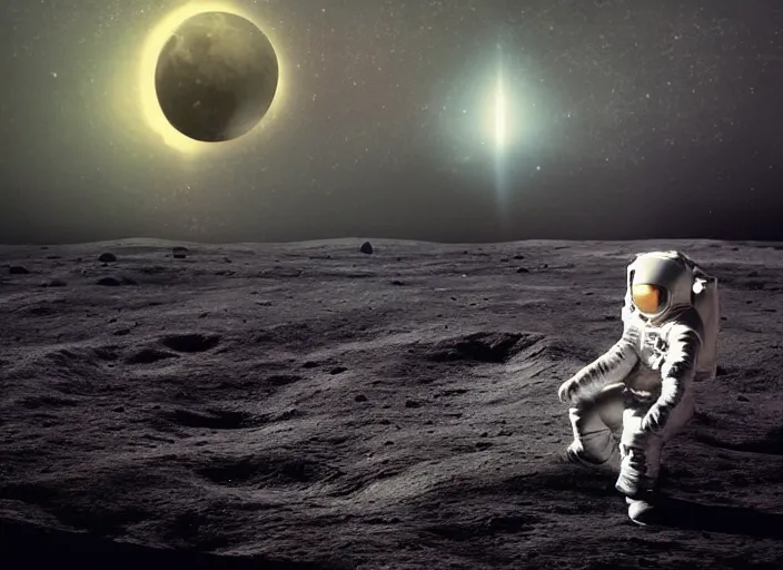 Image similar to digital art, trending on artstation, a man in an astronaut suit sitting on the moon, planet earth exploding in the background, lunar landscape, moody