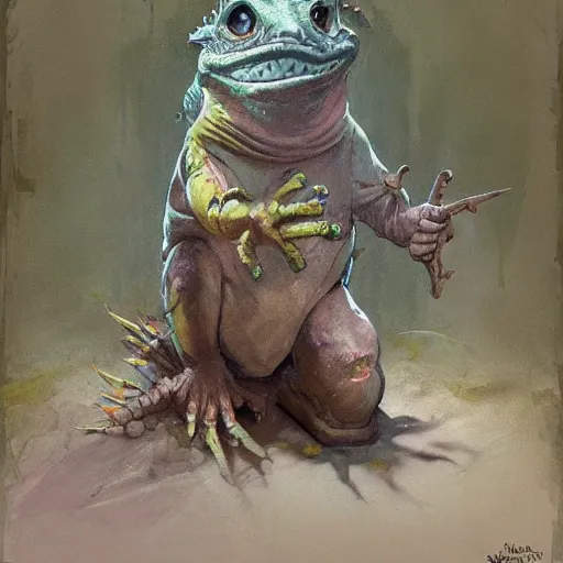 Prompt: Graffiti a gnome metamorphoses into an iguana in stages concept art by frank frazetta simon stalenhag greg rutkowski andrew wyeth niel welliver peter doig robert rauschenberg mark ryden