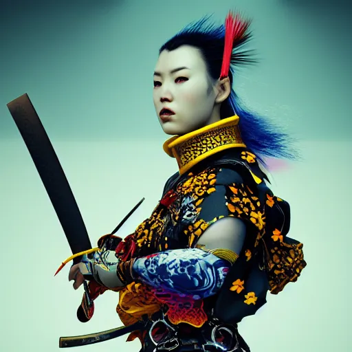 Prompt: photorealistic portrait of a fighting, beautiful, female samurai warrior, holding sword in right hand, goth punk, vibrant yellow, red, blue, colors, surreal, a french baroque by by alexander mcqueen, octane render, hyper detailed, cinematic lighting