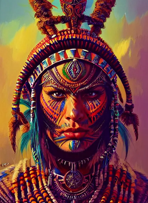 Prompt: portrait of jensen ackle, hyper detailed ultra sharp aztec shaman warrior. trending on artstation, warpaint aesthetic, bloodwave, colorful, psychedelic, ornate, intricate, digital painting, concept art, smooth, sharp focus, illustration, art by artgerm and greg rutkowski and h. r. giger, 8 k