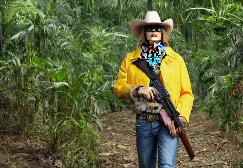 Prompt: a cat wearing a cowboy hat and yellow raincoat and aviator sunglasses carrying an ak 4 7 through the jungle by bluth, don