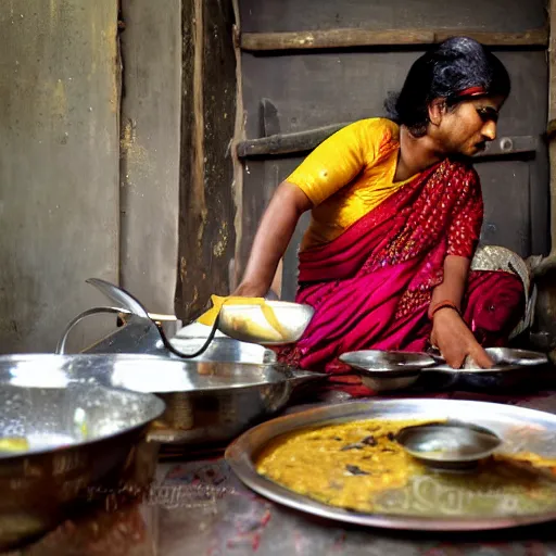 Prompt: A Bengali woman in a saree cooking at the stove while several Bengali dishes are served on the table beside her. The picture must be warm and rustic and nostalgic.