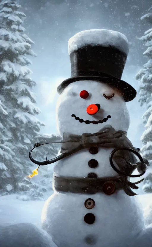 Prompt: a a full body portrait of a giant snowman with button eyes and a button smile, wearing a top hat, and smoking a pipe, in the middle of a village in the snow, dynamic lighting, photorealistic fantasy concept art, trending on art station, stunning visuals, creative, cinematic, ultra detailed