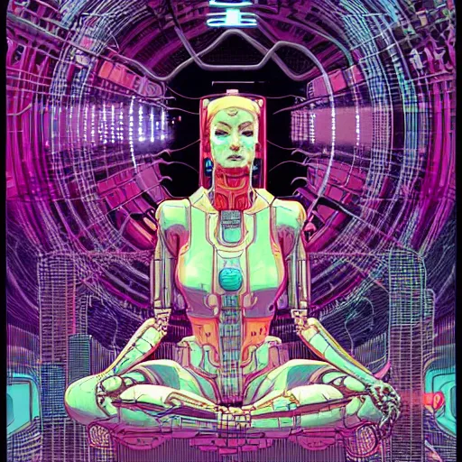 Prompt: a portrait of a beautiful cybernetic woman meditating, wires, cyberpunk concept art by josan gonzales and philippe druillet and dan mumford and enki bilal and jean claude meziere