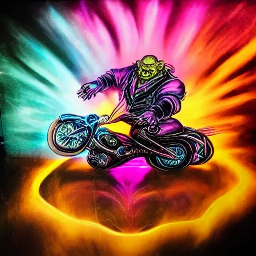 Image similar to psychedelic blacklight neon airbrush artwork, motorcycle, hyper stylized action shot of an orc popping a wheelie on a motorcycle, menacing orc, clear focused details, soft airbrushed artwork, black background, apocalyptic, cgsociety, artstation, peter lloyd art, peter palombi art