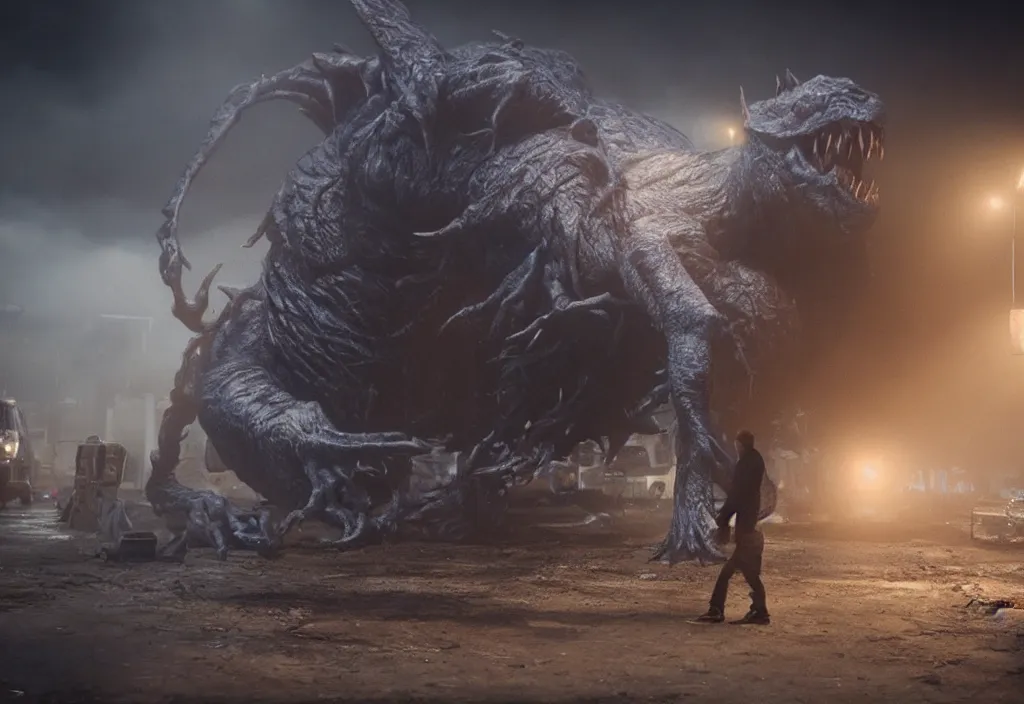 Image similar to vfx color film, huge monster creature by aaron sims, in residential street, low - key lighting award winning photography arri alexa cinematography, hyper real photorealistic cinematic beautiful, atmospheric