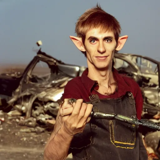 Prompt: close up headshot of a skinny high-fantasy elf with a long face narrow chin and spiky blonde hair wearing dark brown overalls and holding a bomb next to a destroyed car, high resolution film still, HDR color