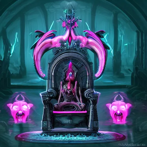 Image similar to a realistic antropomorphic pink elephant dressing necromancer clothes sited in a xenomorphic throne with glow neon eyes, finely detailed, 4 k, photorealistic, cycles engine,