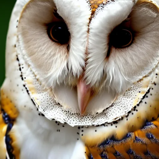 Image similar to a close up portrait of a barn owl's face altered by sickness