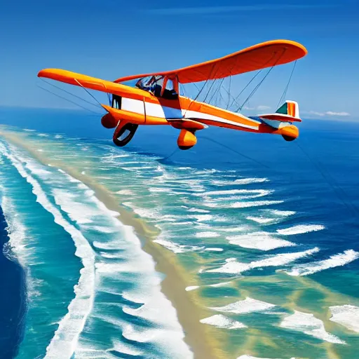 Image similar to hunter s. thompson flying a biplane over a beautiful oceanscape, 4 k,