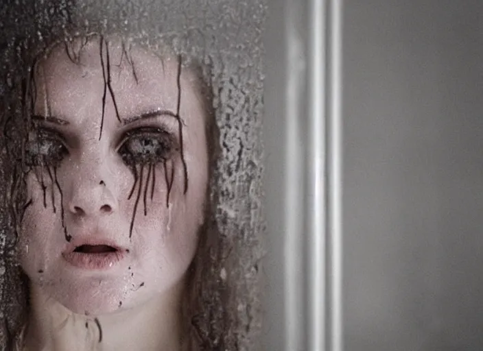 Prompt: Horror movie still of a woman peeking from behind the shower curtain. Her hair is wet and you can see the emotion of surprise in her eyes