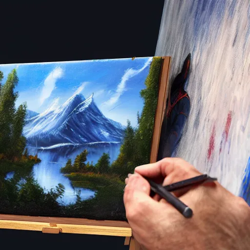 Image similar to a closeup photorealistic photograph of bob ross working on a canvas painting of spiderman. film still. brightly lit scene. mountains and trees. this 4 k hd image is trending on artstation, featured on behance, well - rendered, extra crisp, features intricate detail, epic composition and the style of unreal engine.