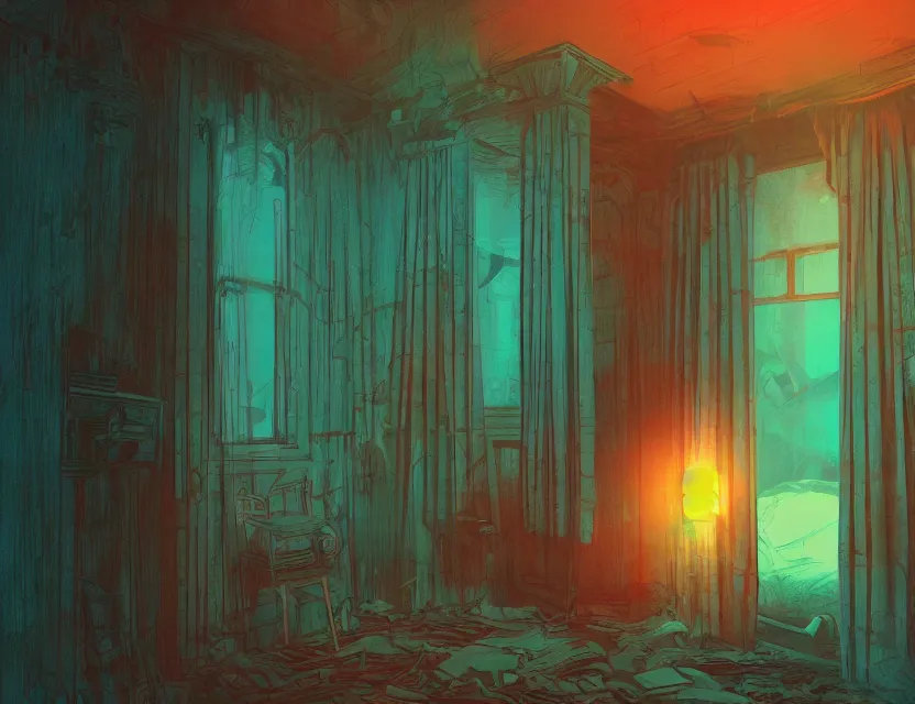 Image similar to psychological horror movie set. complementary colors, vaporwave, gouache, indie concept art, bloom, chiaroscuro, backlighting, intricate details.