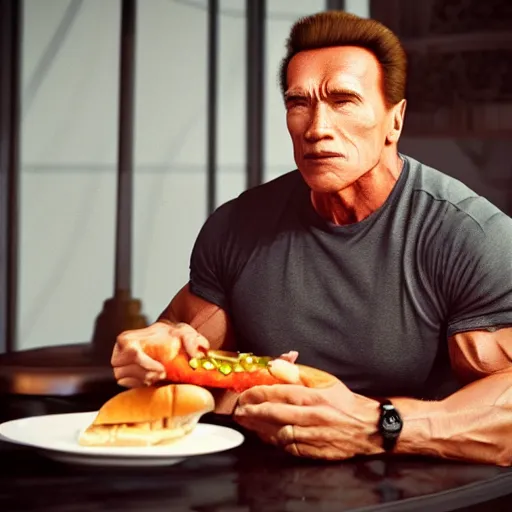 Prompt: hyperrealistic dslr film still of arnold schwarzenegger eating hotdog, stunning 8 k octane comprehensive 3 d render, inspired by istvan sandorfi & greg rutkowski & unreal engine, perfect symmetry, dim volumetric cinematic lighting, extremely hyper - detailed, incredibly real lifelike attributes & texture, intricate, masterpiece, artstation, 8 k 8 5 mm f 1. 4