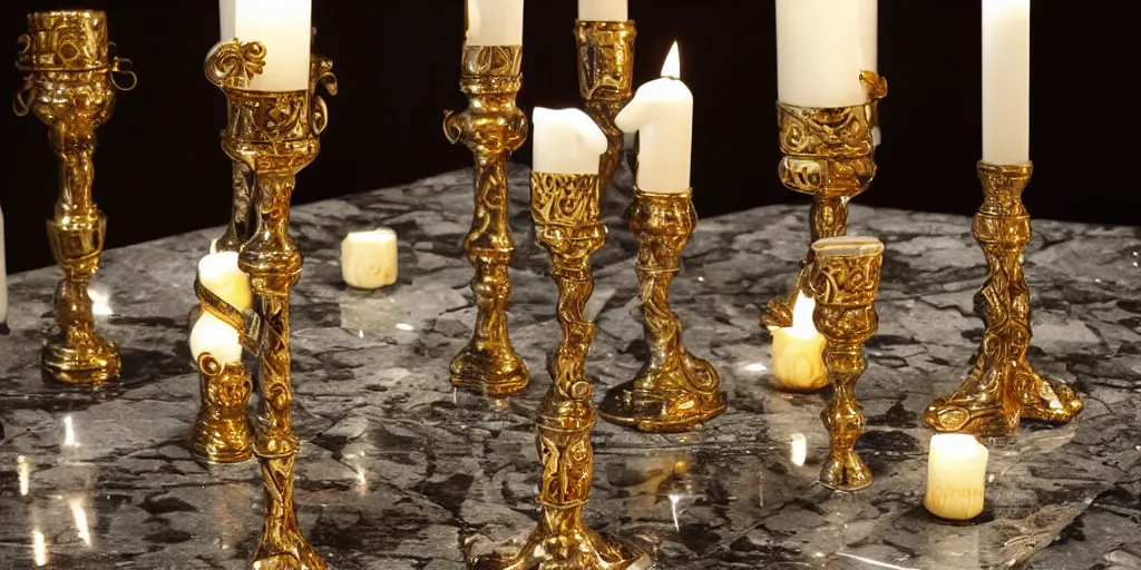 Image similar to snake with gold and silver pattern on a marble floor, candles and intricate candlesticks, by Andres Rios, H 576